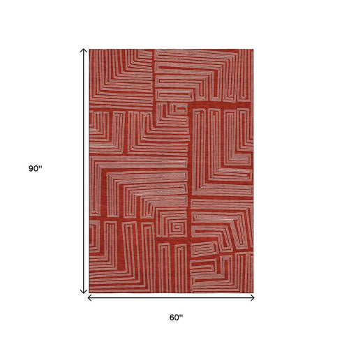 5' X 8' Red And Ivory Geometric Washable Area Rug With UV Protection