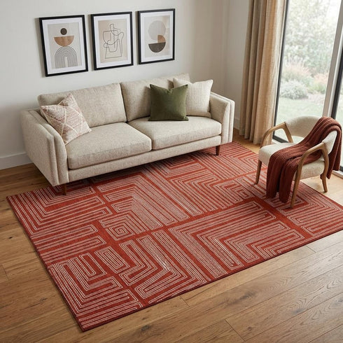 5' X 8' Red And Ivory Geometric Washable Area Rug With UV Protection
