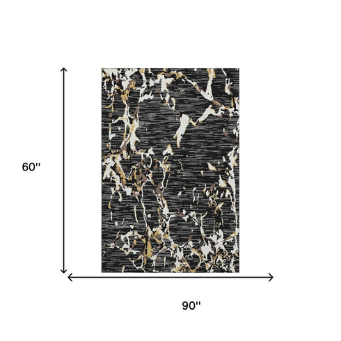 5' X 8' Black Ivory And Gold Striped Washable Area Rug With UV Protection