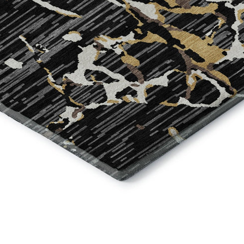 5' X 8' Black Ivory And Gold Striped Washable Area Rug With UV Protection