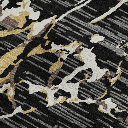 5' X 8' Black Ivory And Gold Striped Washable Area Rug With UV Protection