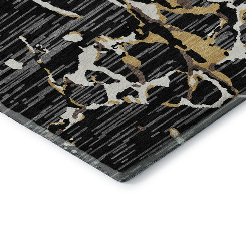 8' X 10' Black Ivory And Gold Striped Washable Area Rug With UV Protection
