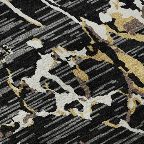 8' X 10' Black Ivory And Gold Striped Washable Area Rug With UV Protection