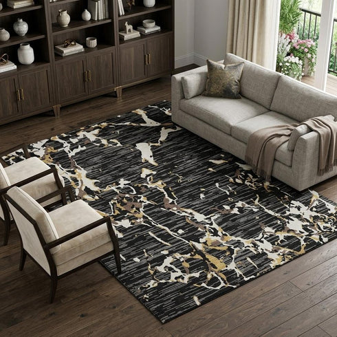 8' X 10' Black Ivory And Gold Striped Washable Area Rug With UV Protection