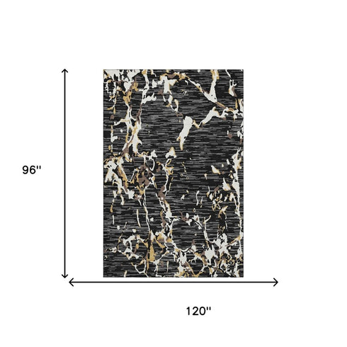 8' X 10' Black Ivory And Gold Striped Washable Area Rug With UV Protection