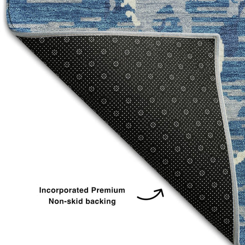 5' X 8' Blue Ivory And Gray Striped Washable Area Rug With UV Protection