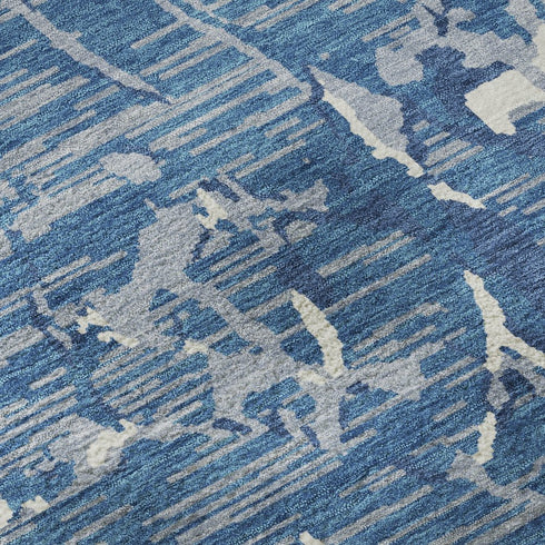5' X 8' Blue Ivory And Gray Striped Washable Area Rug With UV Protection
