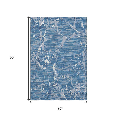 5' X 8' Blue Ivory And Gray Striped Washable Area Rug With UV Protection