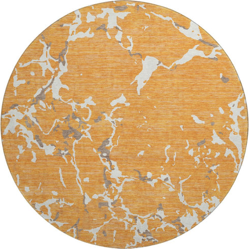 8' Orange Ivory And Gray Striped Washable Round Rug With UV Protection