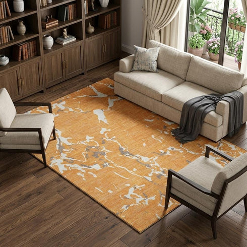 9' X 12' Orange Ivory And Gray Striped Washable Area Rug With UV Protection
