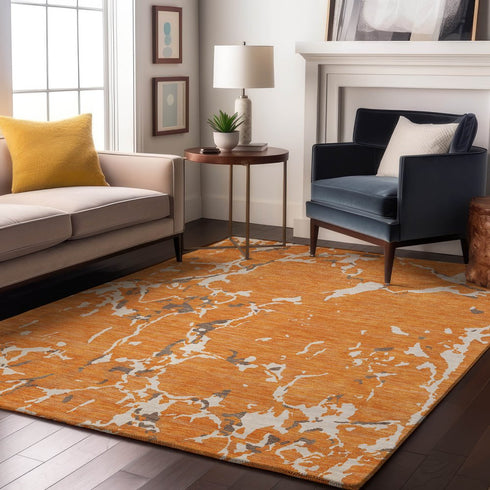 9' X 12' Orange Ivory And Gray Striped Washable Area Rug With UV Protection