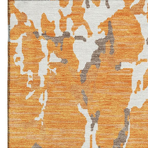 9' X 12' Orange Ivory And Gray Striped Washable Area Rug With UV Protection