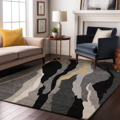 9' X 12' Black Gold And Ivory Abstract Washable Area Rug With UV Protection
