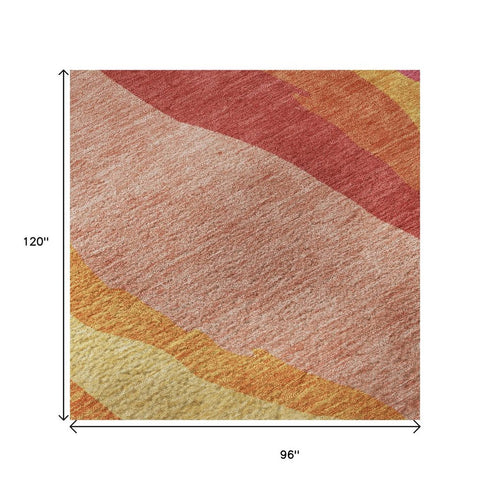 8' X 10' Blush Orange And Wheat Abstract Washable Area Rug With UV Protection