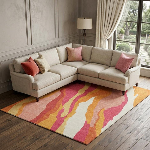 8' X 10' Blush Orange And Wheat Abstract Washable Area Rug With UV Protection