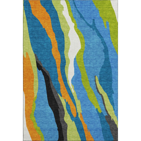 5' X 8' Denim Blue Orange And Lime Green Abstract Washable Area Rug With UV Protection