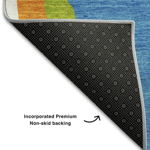 5' X 8' Denim Blue Orange And Lime Green Abstract Washable Area Rug With UV Protection