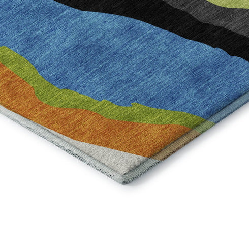 5' X 8' Denim Blue Orange And Lime Green Abstract Washable Area Rug With UV Protection