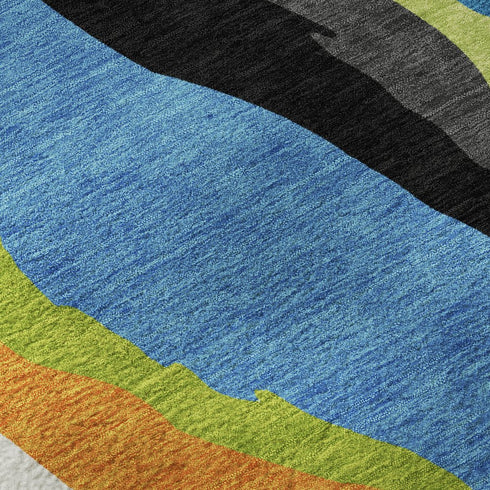 5' X 8' Denim Blue Orange And Lime Green Abstract Washable Area Rug With UV Protection