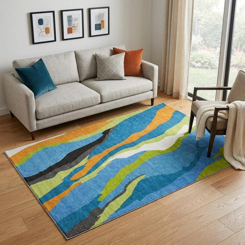 5' X 8' Denim Blue Orange And Lime Green Abstract Washable Area Rug With UV Protection