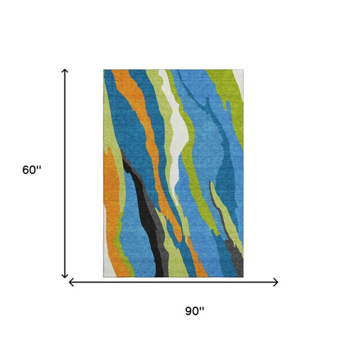 5' X 8' Denim Blue Orange And Lime Green Abstract Washable Area Rug With UV Protection