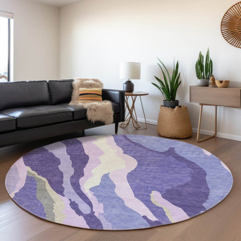 8' Purple Ivory And Gray Abstract Washable Round Rug With UV Protection