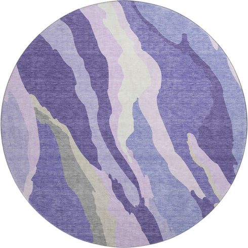 8' Purple Ivory And Gray Abstract Washable Round Rug With UV Protection