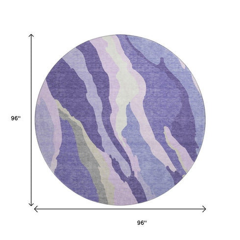 8' Purple Ivory And Gray Abstract Washable Round Rug With UV Protection