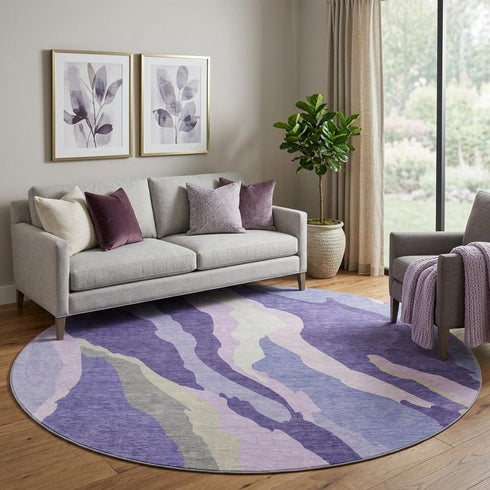 8' Purple Ivory And Gray Abstract Washable Round Rug With UV Protection