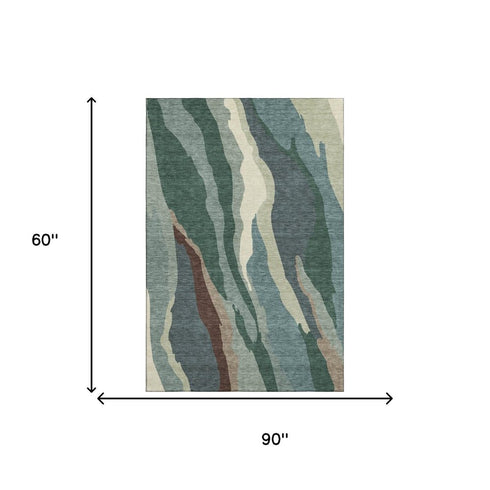 5' X 8' Sage Taupe And Beige Abstract Washable Area Rug With UV Protection