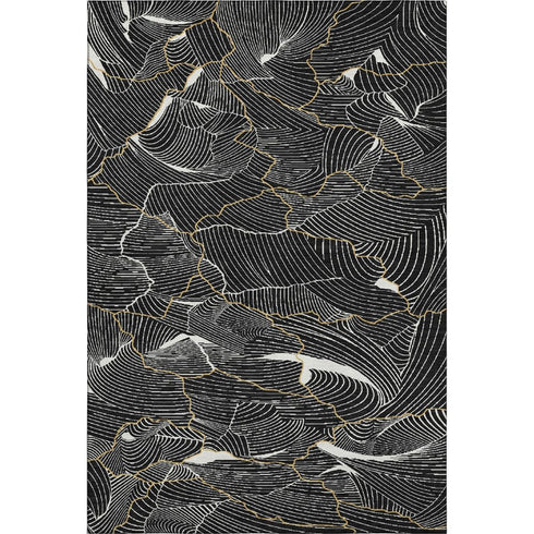 5' X 8' Black Ivory And Gold Abstract Washable Area Rug With UV Protection