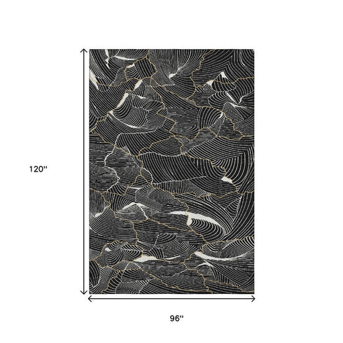 8' X 10' Black Ivory And Gold Abstract Washable Area Rug With UV Protection