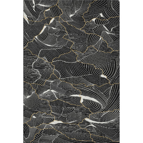 8' X 10' Black Ivory And Gold Abstract Washable Area Rug With UV Protection