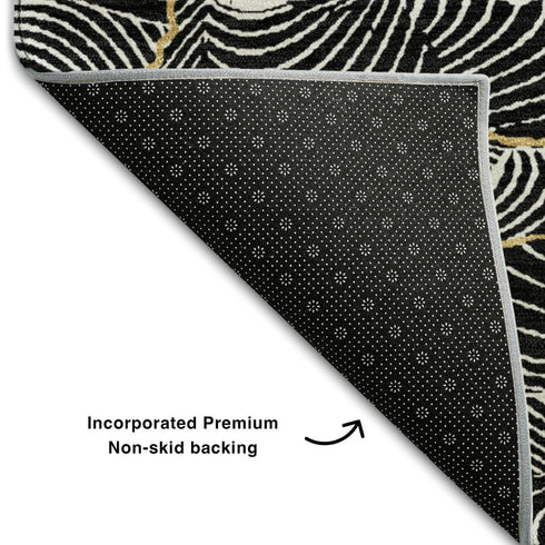 8' X 10' Black Ivory And Gold Abstract Washable Area Rug With UV Protection