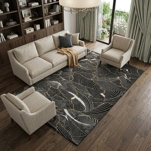 8' X 10' Black Ivory And Gold Abstract Washable Area Rug With UV Protection