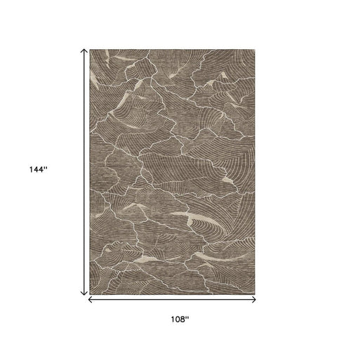 9' X 12' Brown Beige And Ivory Abstract Washable Area Rug With UV Protection