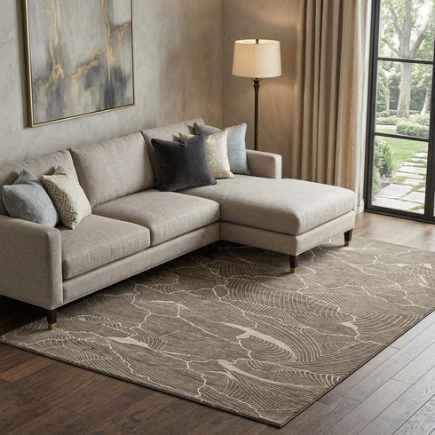 9' X 12' Brown Beige And Ivory Abstract Washable Area Rug With UV Protection
