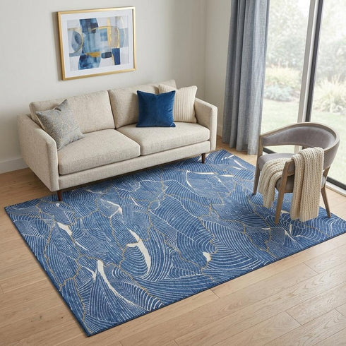 5' X 8' Blue Ivory And Gold Abstract Washable Area Rug With UV Protection