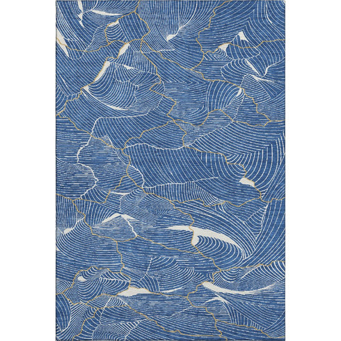 5' X 8' Blue Ivory And Gold Abstract Washable Area Rug With UV Protection