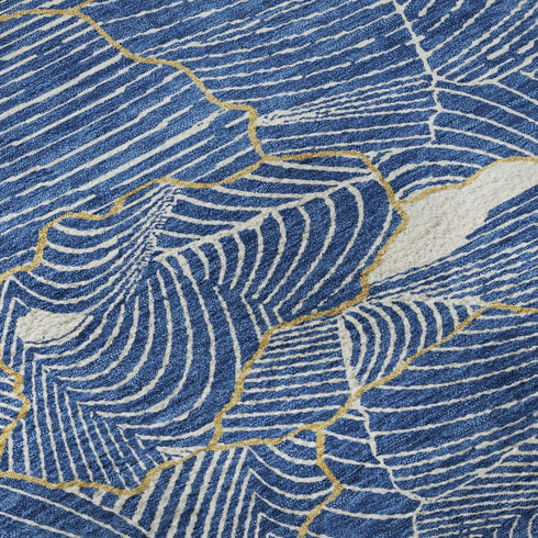 5' X 8' Blue Ivory And Gold Abstract Washable Area Rug With UV Protection