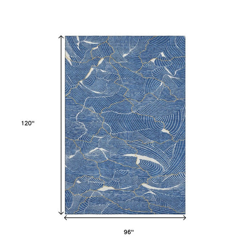 8' X 10' Blue Ivory And Gold Abstract Washable Area Rug With UV Protection