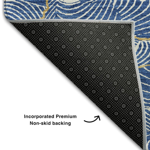 8' X 10' Blue Ivory And Gold Abstract Washable Area Rug With UV Protection