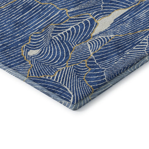 8' X 10' Blue Ivory And Gold Abstract Washable Area Rug With UV Protection