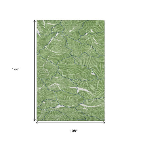 9' X 12' Green Ivory And Navy Blue Abstract Washable Area Rug With UV Protection