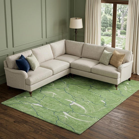 9' X 12' Green Ivory And Navy Blue Abstract Washable Area Rug With UV Protection