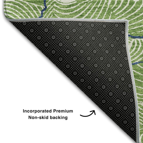 9' X 12' Green Ivory And Navy Blue Abstract Washable Area Rug With UV Protection