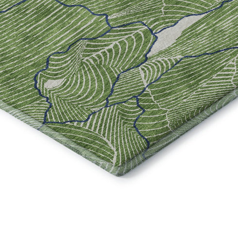 9' X 12' Green Ivory And Navy Blue Abstract Washable Area Rug With UV Protection