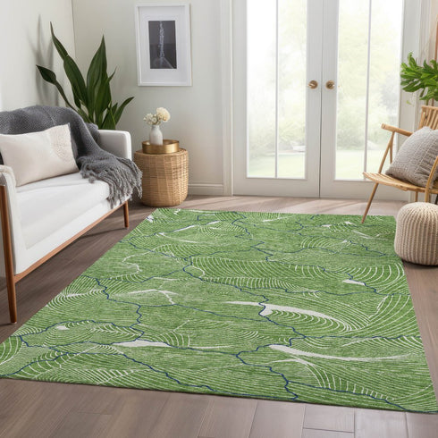 9' X 12' Green Ivory And Navy Blue Abstract Washable Area Rug With UV Protection
