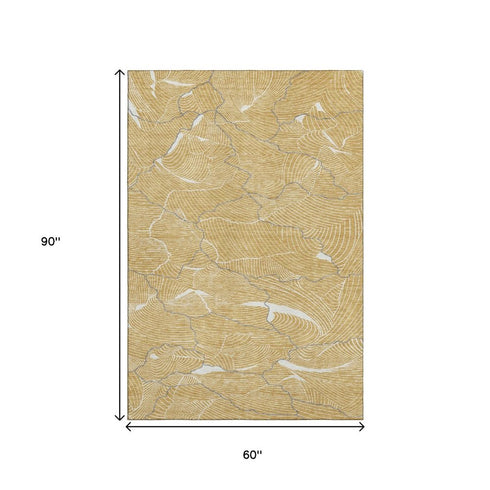 5' X 8' Gold Ivory And Gray Abstract Washable Area Rug With UV Protection