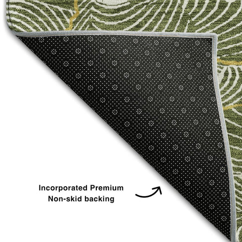 5' X 8' Olive Green Ivory And Gold Abstract Washable Area Rug With UV Protection